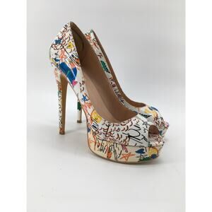 Onlymaker Platform Stilleto Pump Womens 14 EU45 White Graffiti Heels Peep Toe